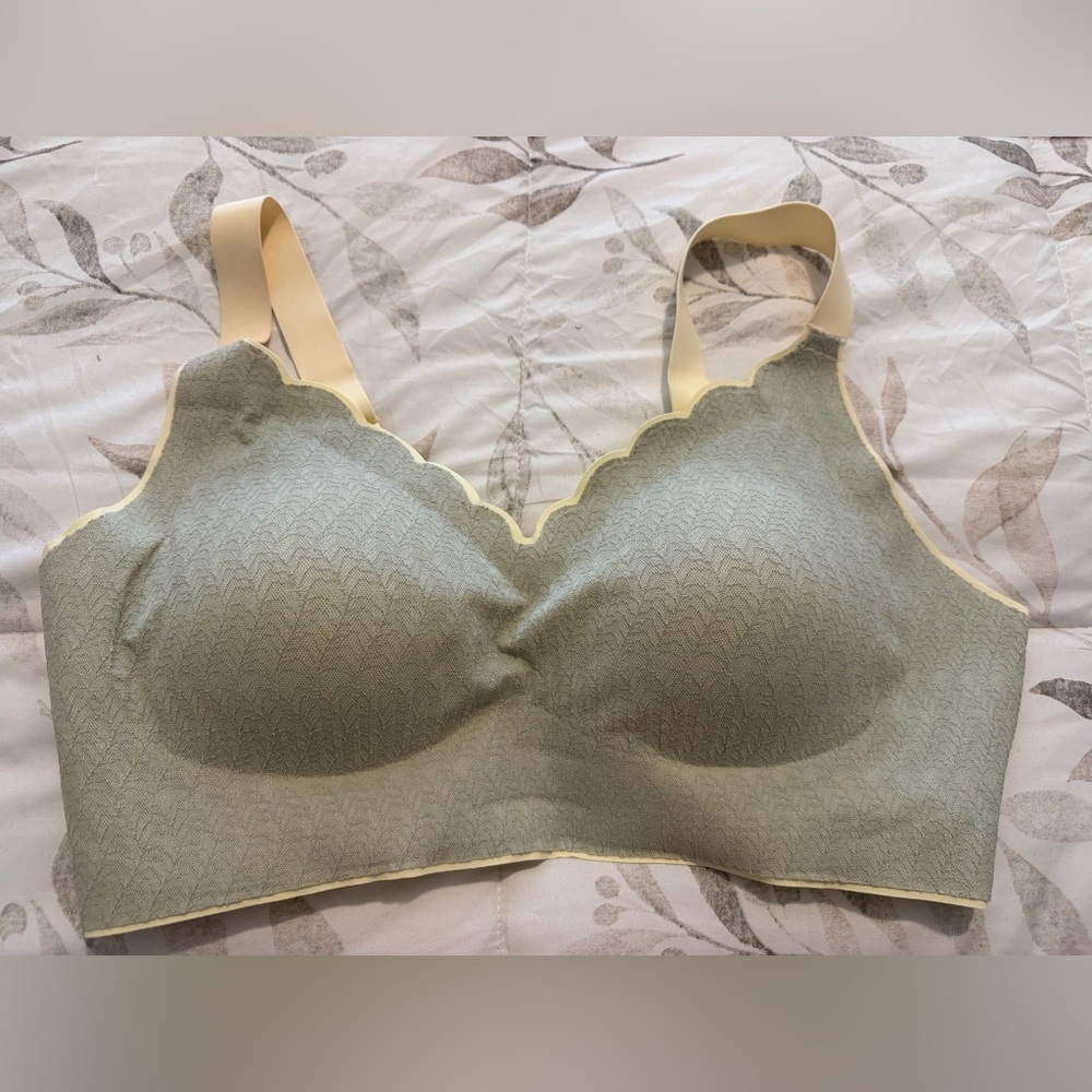 Wireless Scallop-Edge Comfort Bra in Sage with Cream Trim